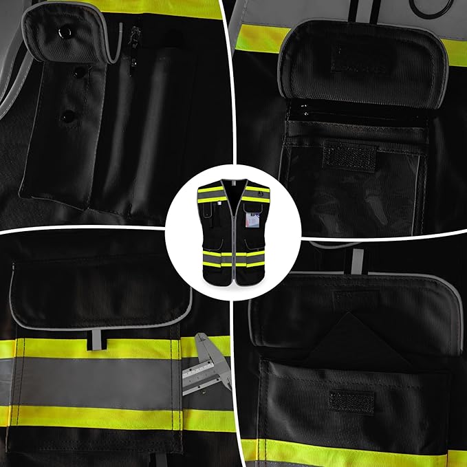 TCCFCCT Hi Vis Vest 9 Pockets High Visibility Reflective Safety Vest for Men Women, Construction Work Vest with Fluorescent Yellow Extend Edge, Durable to Use, Meets ANSI/ISEA, (DB-Black, Medium)