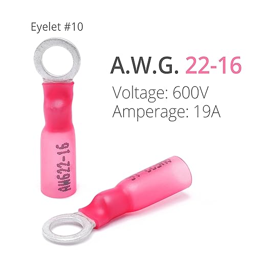 Wirefy 150 PCS Heat Shrink Ring Terminals #10 - a Resistant Ring Connectors - Eyelet Wire Connectors - Red 22-16 AWG