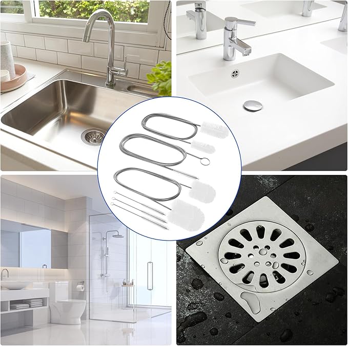 12pcs Flexible Drain Brush 78 Inch Pipe Cleaning Brush 63 Inch Drain Cleaner Brush 59 Inch Hose Brush and 3 Pcs 9 Inch Straw Cleaner Brush for Straws Kitchen Sink Plumbing Shower Drain Tube (White)