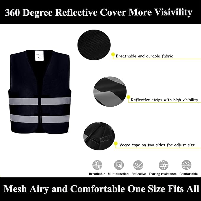 Safety Vests 10 Pack - Black Reflective High Visibility Construction ANSI Class 2 Work Vests for Men,Woman,Hi Vis and Neon Silver Strip