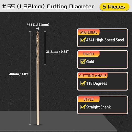 Drill Bit, #55 Cutting Diameter, 4341 HSS Gold Finish 118° Cutting Angle Number Jobber Bits - (Applications: for Drilling Soft Metal Plastic Wood), 5-Pieces