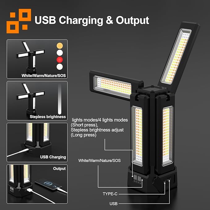 13200mAh Rechargeable Solar Work Light with Folding Stand and Carrying Bag, AODOO 8000 Lumen Stepless Dimmable, White/Warm/Nature White/RED(SOS) with Detachable Tripod (Black) (Black(no Tripod))