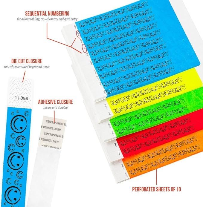 500 WristCo Tyvek Wristbands Smiley Face Variety Pack - ¾” x 10”- Waterproof Recyclable Comfortable Tear Resistant Paper Bracelets Wrist Bands for Events Concert Festival Admission Party