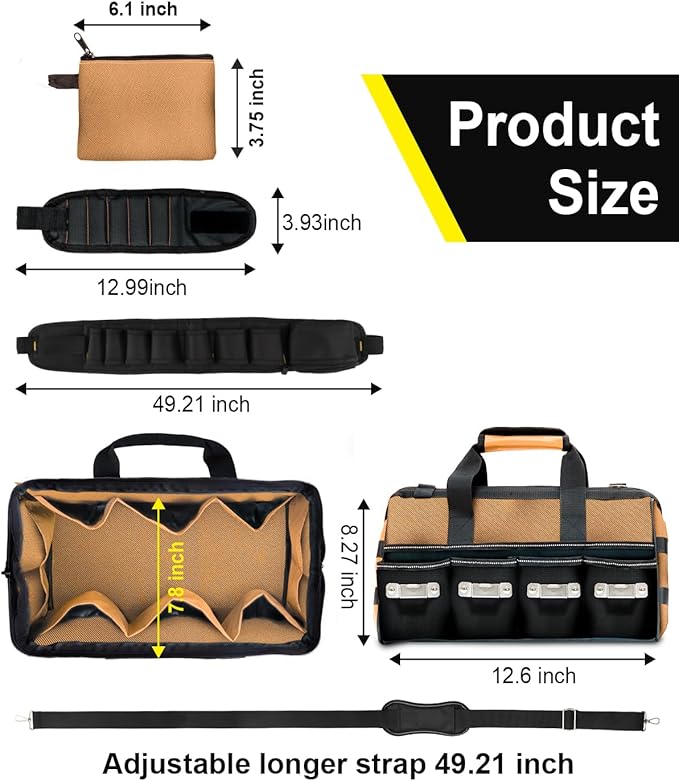 12 Inch Small Tool Bag-48 Pockets,1680D Tear&Abrasion Resistant,Includes Tool Pouch,Tool Belt,Magnetic Wristband&Adjustable Shoulder Strap | Tool Organizer(Brown)