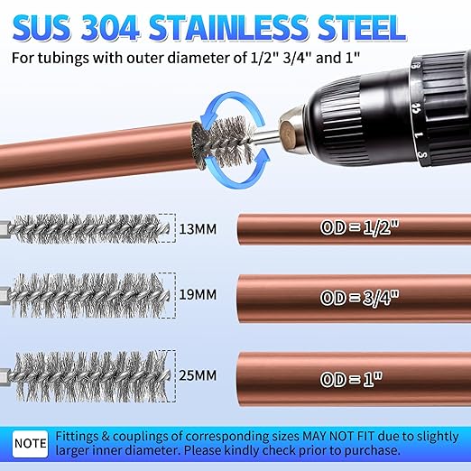 Boltigen 8mm Hex Shank Copper Pipe Cleaner Set, 1/2'',3/4'',1'' Copper Tube Cleaning for Drill with Replaceable Cleaner Brush Blades and Pipe Brushes