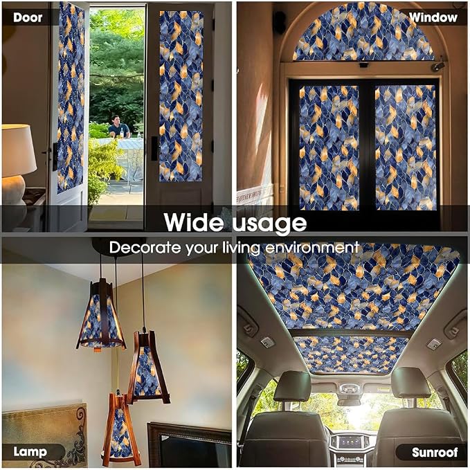 Golden Yellow Blue Leaf Mosaic Window Films Decorative Double-Side Privacy Film - Image 5