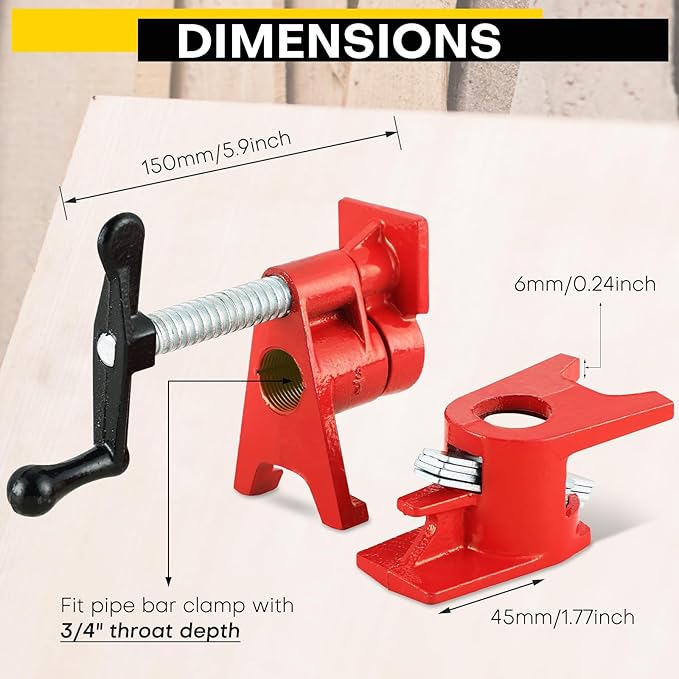 Wood Gluing Pipe Clamp Set | Professional Woodworking and Metalworking Clamps Tools with Unique Foot Design for Frame Assembly, Quick Release and Precision Gluing (6Pack, 3/4'')