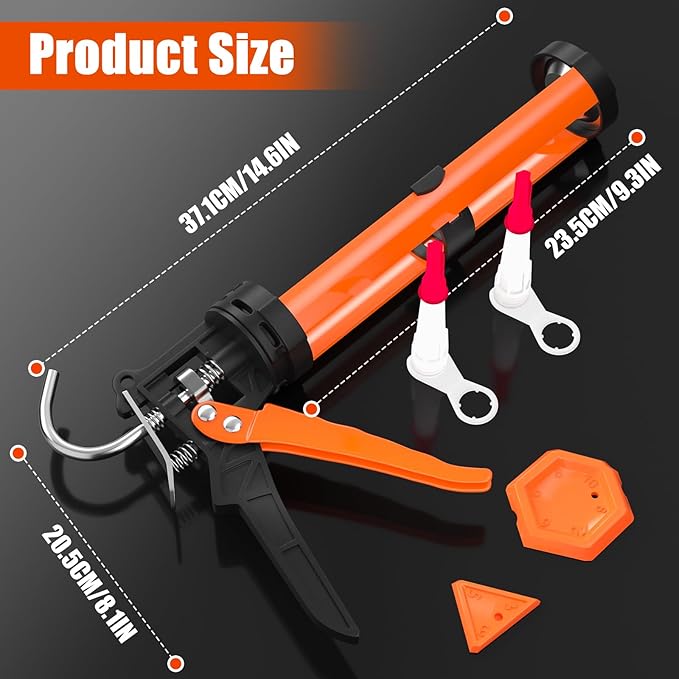 Holothurian Caulking Gun, No-Drip Hand Caulk gun, Silicone Gun with Comfort Grip, 1/10 Gallon Cartridge, 12:1 Thrust Ratio, and Two Nozzles and Scraper