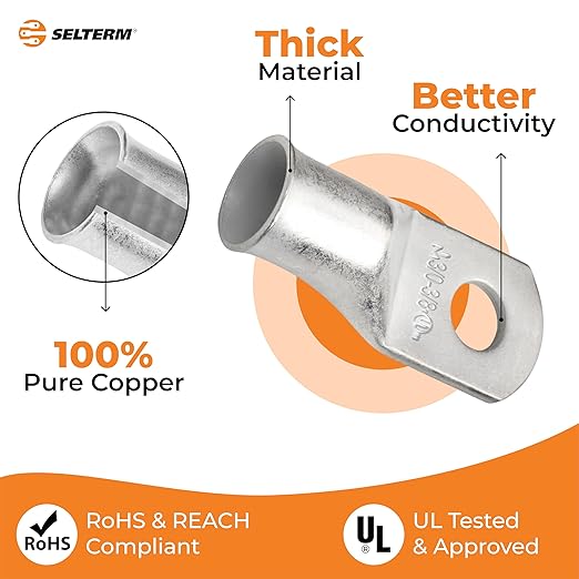 SELTERM 5pcs 3/0 AWG 3/8" Stud Tinned Copper Wire Lugs, Ring Terminals, Battery Cable Ends, 000 Gauge Ring Terminal Connectors, UL Marine Grade Electrical Terminal Connectors
