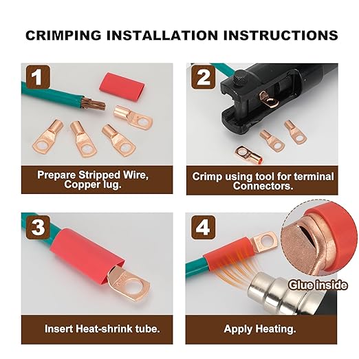 Thick Battery Terminal Copper Lugs,10Pcs Bare Copper 6Awg-1/4(M6) Ring Connections for Electric Lines Terminals for Batteries Connector Clamps with 10Pcs 3:1 Heat Shrink Tubing Assortment Kit