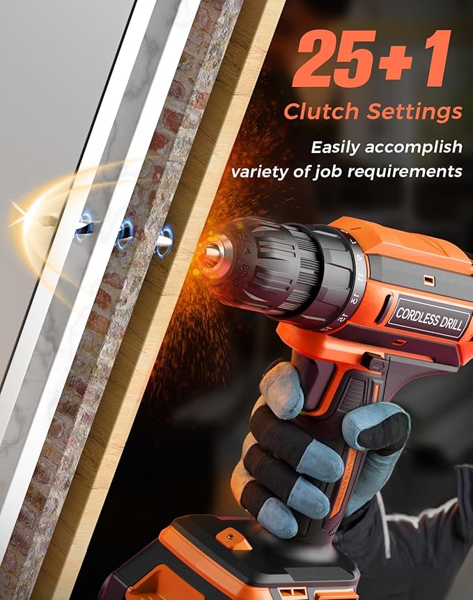 Cordless Drill, 20V MAX Power Drill Set with Dual Power Pack & Charger, 3/8 Inch Keyless Chuck, Variable Speed, 25+1 Position and 56PCS Bits/Screws, Power Tools for Home Projects