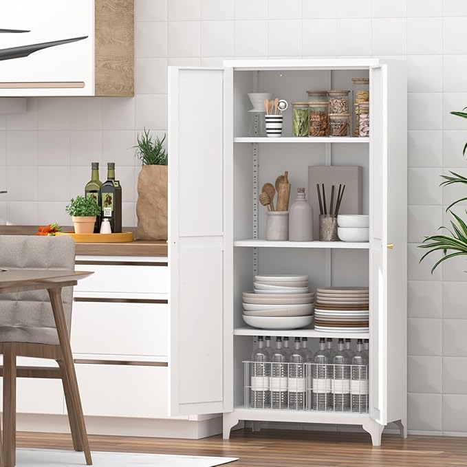 GREATMEET 65" Tall Kitchen Pantry Storage Cabinet, White Pantry Storage Cabinet, Farmhouse Metal Kitchen Cupboard with Doors for Garage, Dining Room, Living Room and Laundry