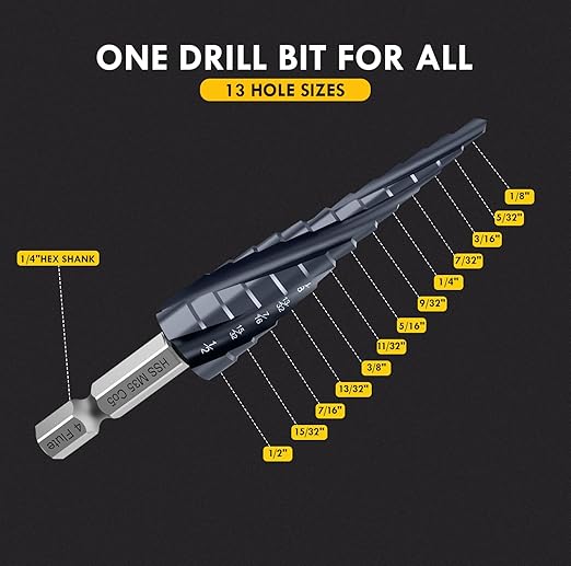 Four Sprial Flute M35 Cobalt Step Drill Bit, 1/8"-1/2" Ultra TiAIN Coated Unibit Step Bit, 1/4" Hex Shank Drill Bit for Metal, Stainless Steel, Aluminum, Copper, Wood, PVC