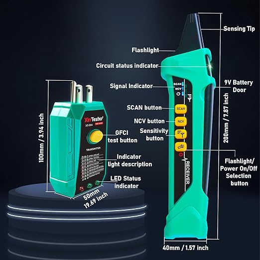 Xin Tester Digital AC Circuit Breaker Finder Tool with Integrated GFCI Outlet Tester, 90-120V NCV Electrical Circuit Tracer Automatically Scan Voltage Detector Electrician Tool XT-33A