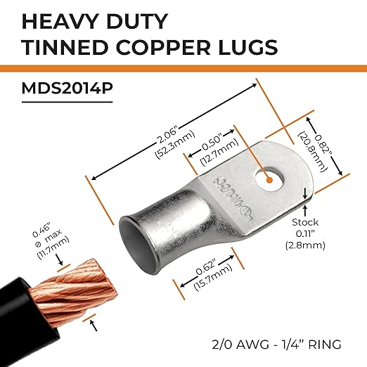 SELTERM 25pcs 2/0 AWG 1/4" Stud Marine Grade Tinned Copper Battery Cable Lugs, 00 Gauge Ring Terminals, UL Wire Lugs Electrical Cable Ends, Terminal Connectors
