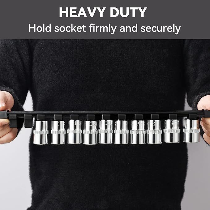 ALOANES 30 PC ABS Socket Organizer, 1/2 inch, 3/8 inch and 1/4 inch Drive Socket Rail Holders, Heavy Duty Socket Racks, Black Rails with Black Clips