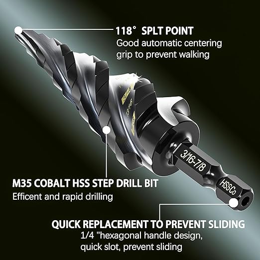 M35 Cobalt Step Drill Bit Set, TiAlN Coated Unibit Metal Hole Cutter 1/8"-7/8"(3pcs), High Speed Steel with 4 Spiral Flutes, Hex Shank for Stainless Steel, Wood, Plastic