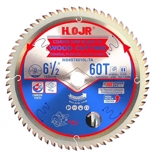 Circular Saw Blades Woodworking TA Series,6-1/2" 60-Tooth 5/8" Arbor,Ultra Finish/General Purpose,Special Anti-Thermal Adhesion Coating on Cutting Edges -TA,High Finish,Long Life,6-1/2" 60T TA