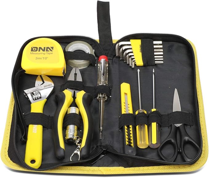 DNA Motoring TOOLS-00031 Home Repair Tool Set - 18 Pieces Tool Kit w/Nylon Carrying Case , Yellow
