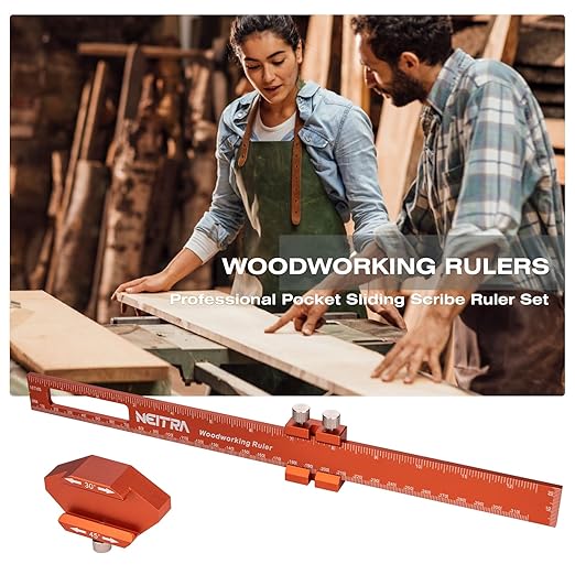 Woodworking Ruler, Neitra 3PCS (6/8/12 Inches) Metal Pocket Rule with a 45° & 30° Slide Stop for Measuring Precision, Slide Stop Aluminum Rule for Marking Inch and Metric T-Type Scribing Rulers Square