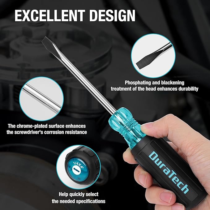 DURATECH 5 PCS S2 Steel Screwdriver Set, Professional Screwdrivers with Non-Slip Cushion Grip & Marked Specifications, 2 Phillips 2 Flathead and 1 Square Head Screw Driver, for Home and Industrial Use