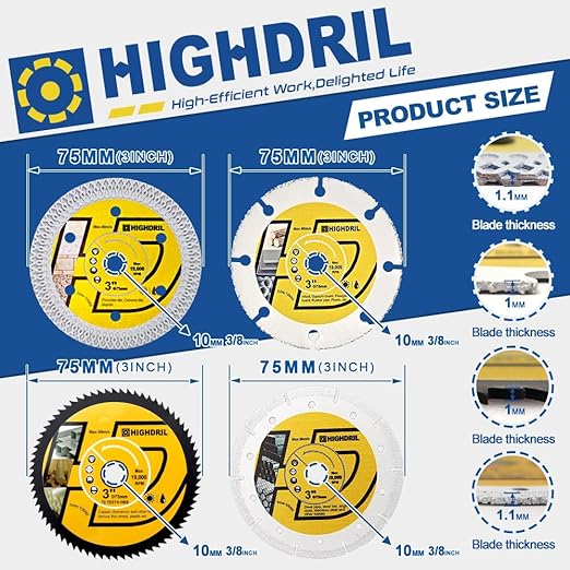 HIGHDRIL 3" 75mm Circular Saw Blade Set 4pcs - Diamond/HSS/Carbide Cutting Disc for Angle Grinder Cutting Porcelain Tile Ceramic Marble Granite Wood Plastic Metal