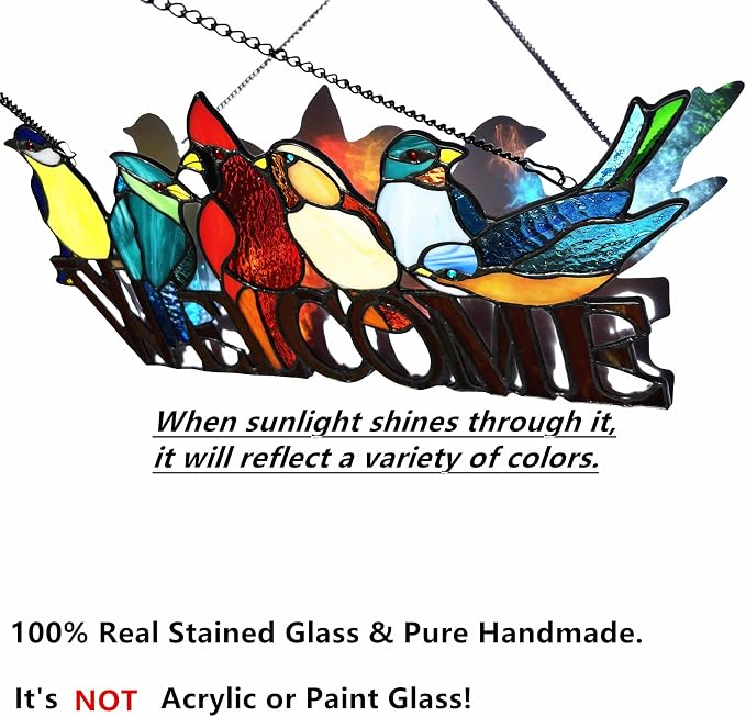 6 Birds Stained Glass Welcome Sign - Image 3
