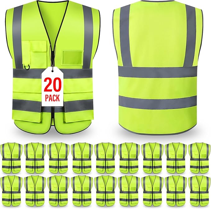 Safety Vests,Hi Vis Vest Reflective Vest with 5 Pockets and Zipper for Men Women, Neon Working Vest for Outdoor One Size