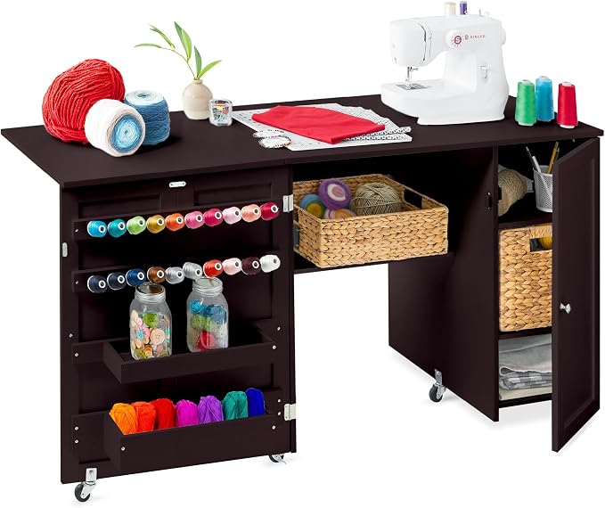 Best Choice Products Large Folding Sewing Table, Caster Wheels, Storage Shelves by Unknown