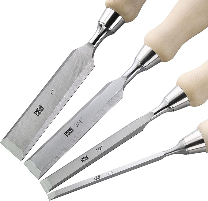 4 Piece Bevel Edge Wood Chisel Set 1/4 inch(6mm), 1/2 inch(12mm), 3/4 inch(20mm), 1 Inch(26mm) with Hornbeam Handles and Stainless Steel Ferrules