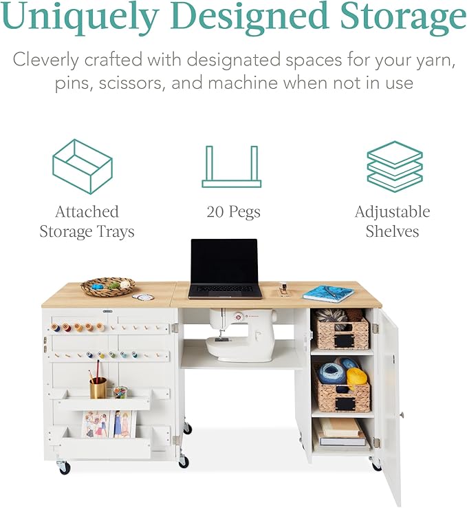 Best Choice Products Large Folding Sewing Table, Caster Wheels, Storage Shelves - Image 3