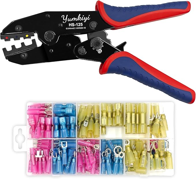 Crimping Tool Kit - 180pcs Heat Shrink Connectors-Tinned Red Copper Insulated, Ideal for Home Electrical Repairs and Marine Wiring - AWG20-10, Waterproof Wire Connectors