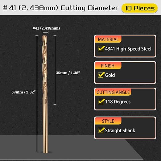 Drill Bit, #41 Cutting Diameter, 4341 HSS Gold Finish 118° Cutting Angle Number Jobber Bits - (Applications: for Drilling Soft Metal Plastic Wood), 10-Pieces