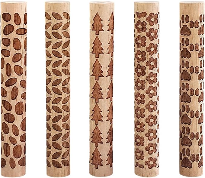 5 PCS Wooden Clay Texture Rollers Set, 100mm Pottery Pattern Rolling Pins by Unknown