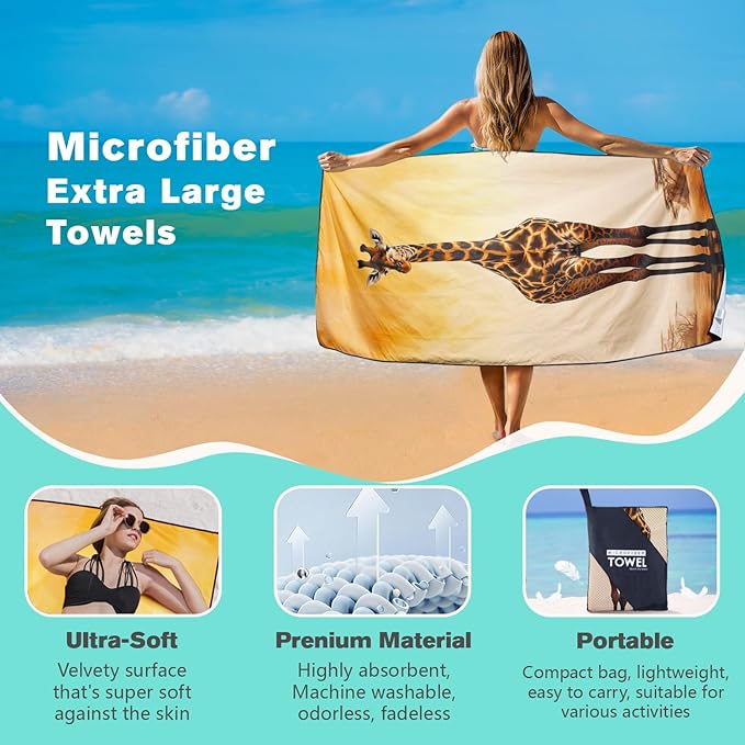 Brown Giraffe Beach Towel Oversized 36" x 72", Thin Lightweight Sand Free Quick Dry Microfiber Towel for Swimming Pool Cruise Camping Travel