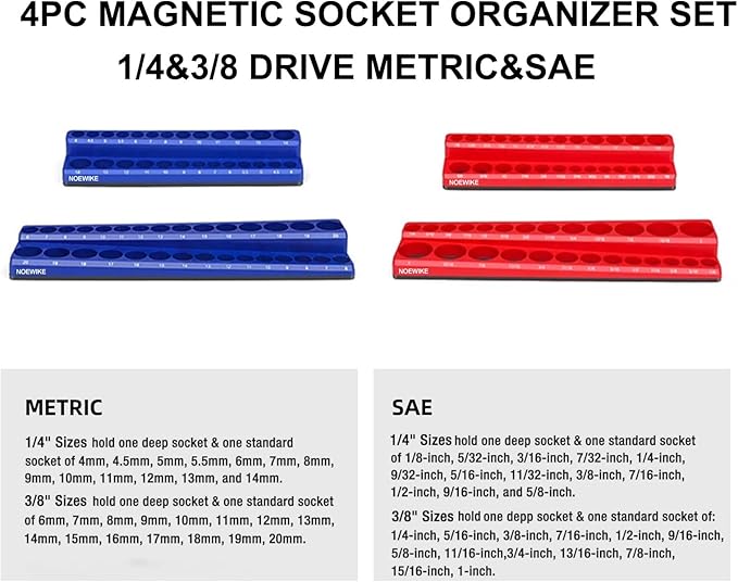 Magnetic Socket Organizer - 4-Pack Metric SAE Socket Holder - 11/4", 3/8" Drive Trays - Holds 108 Standard and Deep Size Sockets