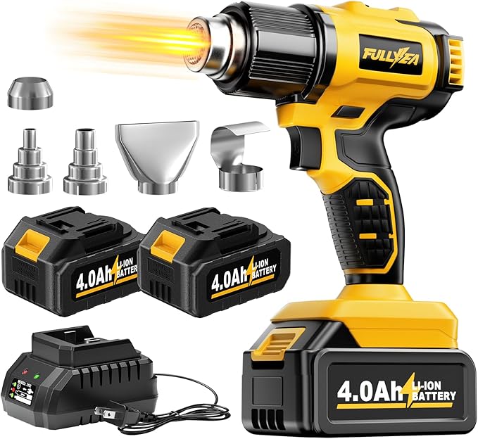 Cordless Heat Gun, 300℃-550℃ Fast Heating Gun Kit, 2 Temperature Setting Cordless Heater, Hot Air Gun with 2*4.0Ah Batteries & 5 Types Nozzles, Heat Guns for Shrink Tubing, Crafting (Yellow)