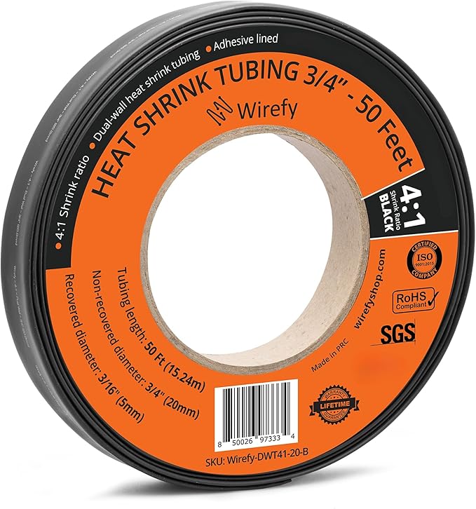 Wirefy 3/4" Heat Shrink Tubing - Large Diameter - 4:1 Ratio - Adhesive Lined - Industrial Heat-Shrink Tubing - 50 Feet Roll - Black