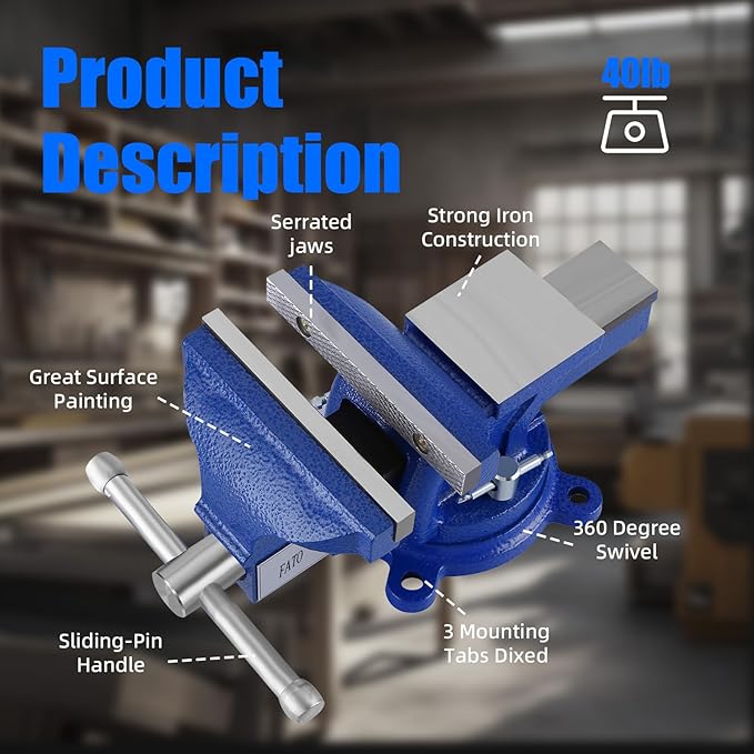 FATO 8 Inch Heavy Duty Bench Vise 8" Home Work Ductile Iron Bench Vise 360°-Degree Swivel Base with Anvil, Utility Combination Pipe Home Vise for Woodworking, Blue