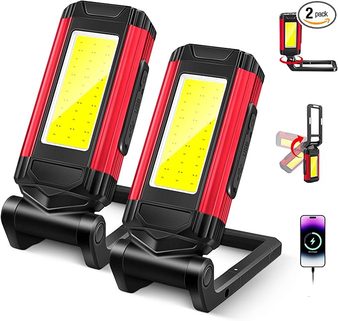 Rechargeable LED Work Light Magnetic Flashlight Portable 7 Flashlight Mode With Magnetizable Base Rotatable Stand 360° Infinitely Rotatable Type-C Charging for Camping,Car Reparing,Emergency Pack of 2