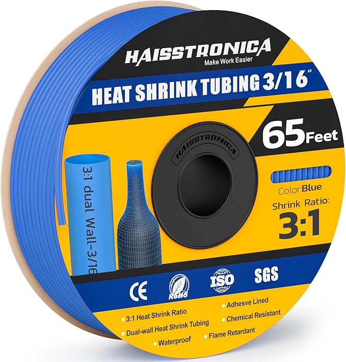 haisstronica 3:1 Heat Shrink Tubing, Shrink Ratio Adhesive Lined Marine Grade Heat Shrink Tube for Home, Automotive and Industrial (Blue) 65FT 3/16inch