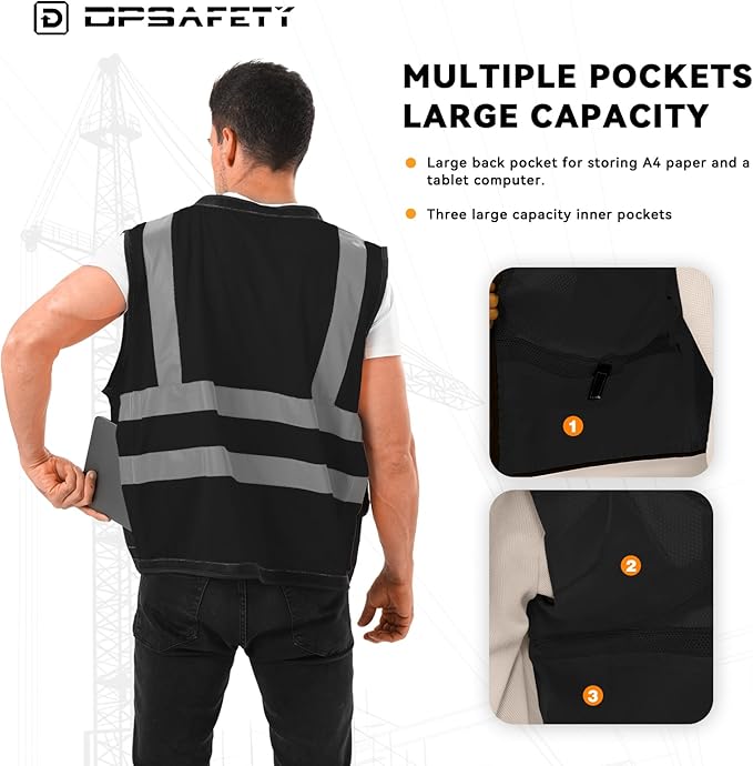 Reflective Safety Vest - Heavy Duty, ANSI/ISEA Standard Hi Vis Vest with Back Pocket & Zipper, Men & Women's (Black, 3XL)