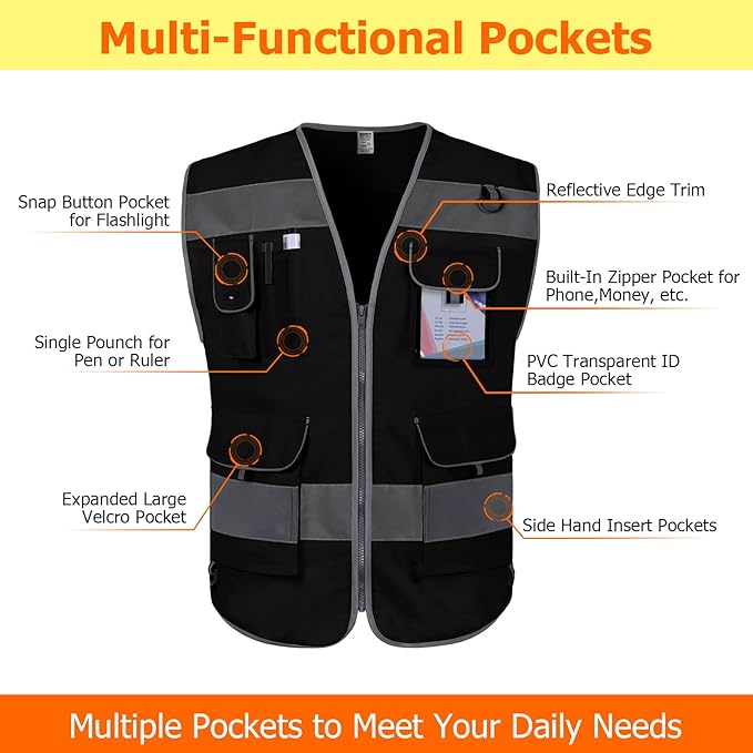 TCCFCCT Reflective Safety Vest, 9 Pockets High Visibility Vest for Men Women, Hi Vis Reflective Work Vest for Safety, Meets ANSI/ISEA Standards, (Black, XX-Large)