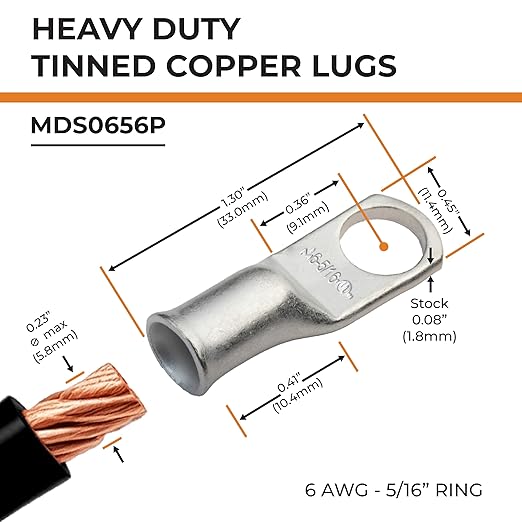 SELTERM 25pcs 6 AWG 5/16" Stud Marine Grade Tinned Copper Battery Cable Lugs, 6 Gauge Ring Terminals, UL Wire Lugs Electrical Battery Cable Ends, Tinned Copper Lugs Battery Terminal Connectors