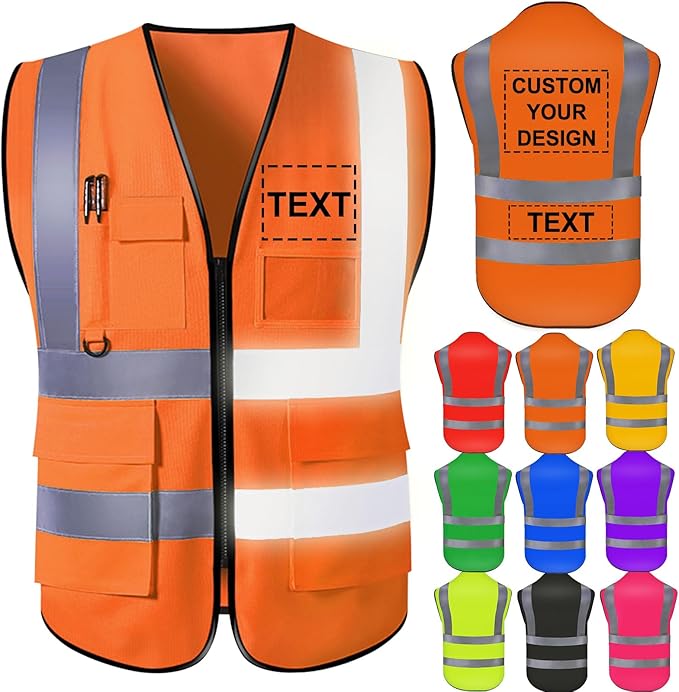 Custom Safety Vest for Men with Logo High Visibility Safety Vests Reflective with Pockets and Zipper Construction