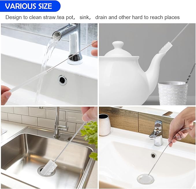 12pcs Flexible Drain Brush 78 Inch Pipe Cleaning Brush 63 Inch Drain Cleaner Brush 59 Inch Hose Brush and 3 Pcs 9 Inch Straw Cleaner Brush for Straws Kitchen Sink Plumbing Shower Drain Tube (White)