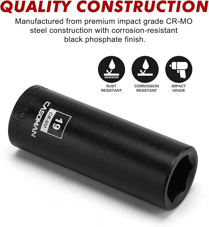CASOMAN 1/2-Inch Drive x 19mm Deep Impact Socket, 6-Point, Metric, CR-MO