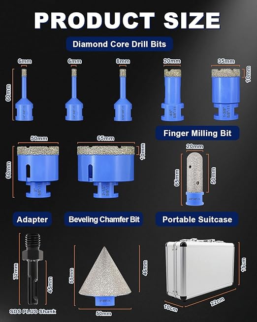 Diamond Tile Hole Saw Kit - 10Pcs 1/4'' X 2, 5/16'', 4/5'', 1-3/8'', 2'', 2-1/2'' Drill Bits, 4/5'' Finger Milling Bit, 2'' Beveling Chamfer Bit, SDS Adapter for Porcelain Tile Ceramic Granite Marble