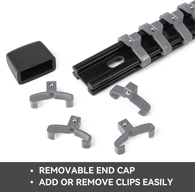 ALOANES 9PC ABS Socket Organizer, 1/2 inch, 3/8 inch and 1/4 inch Drive Socket Rail Holders, Heavy Duty Socket Racks, Black Rails with Gray Clips