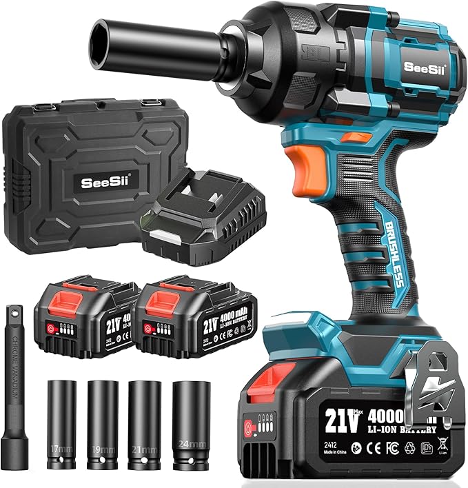 SEESII Impact Wrench 900 FT-LBS(1200N.m) 2900IPM 1/2 Impact Gun High Torque Electric Cordless Impact Wrench with 21V 2x4.0Ah Battery 5 Sockets and Case for Home Car Truck Tire Lug Nut Removal Tool Set